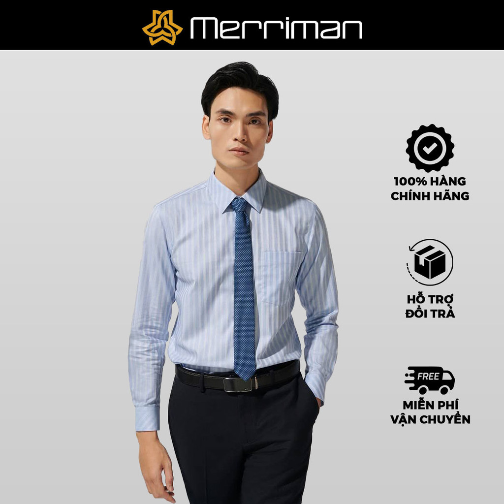 MERRIMAN SALE - Áo Sơ Mi MERRIMAN Tay Dài, Màu Xanh Dương , Họa Tiết Sọc Dọc, Form Slim Fit Lai Bầu