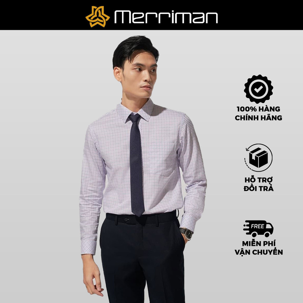 MERRIMAN SALE - Áo Sơ Mi MERRIMAN Tay Dài, Màu Tím , Họa Tiết Caro, Form Slim Fit Lai Bầu