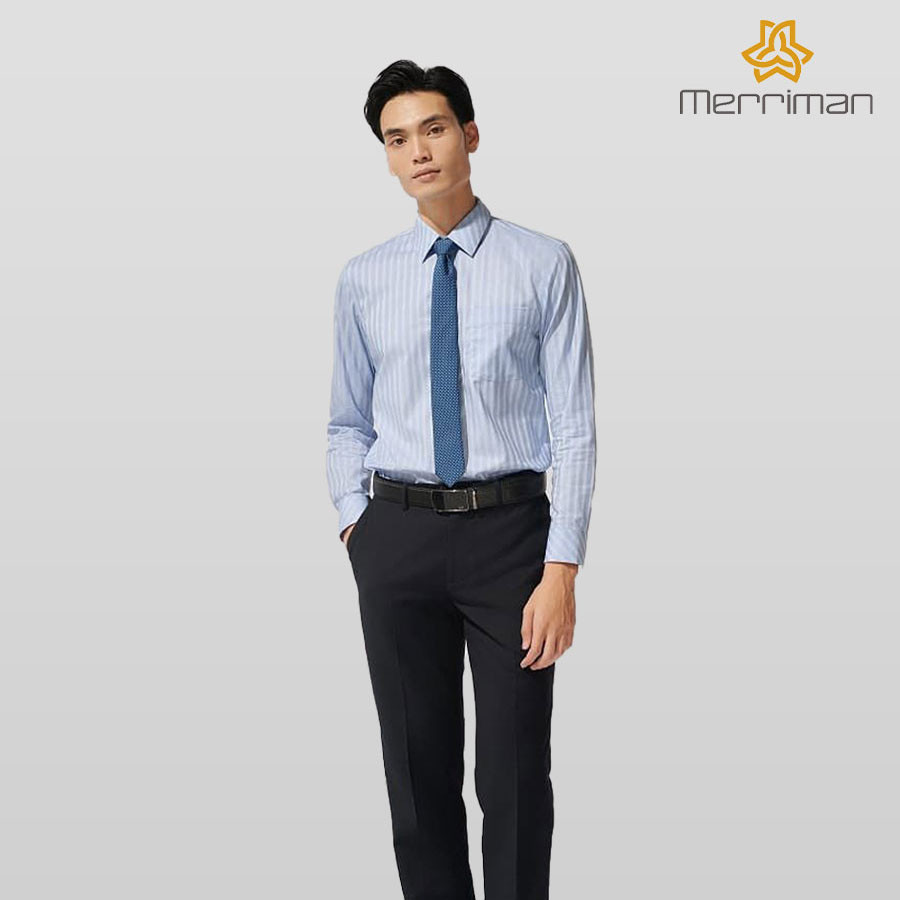 MERRIMAN SALE - Áo Sơ Mi MERRIMAN Tay Dài, Màu Xanh Dương , Họa Tiết Sọc Dọc, Form Slim Fit Lai Bầu