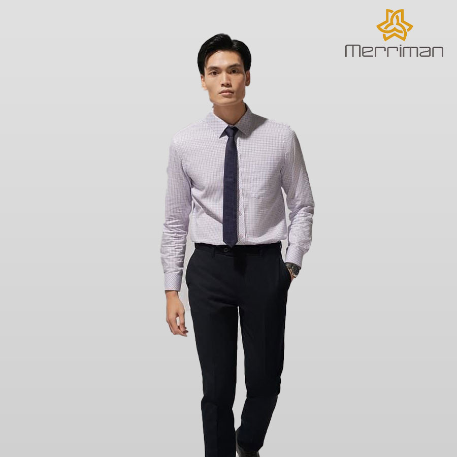 MERRIMAN SALE - Áo Sơ Mi MERRIMAN Tay Dài, Màu Tím , Họa Tiết Caro, Form Slim Fit Lai Bầu