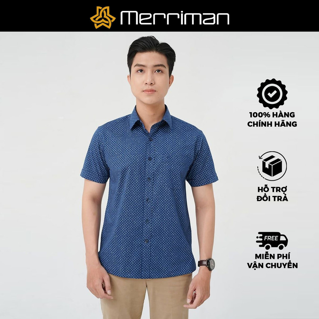 MERRIMAN SALE - Áo Sơ Mi MERRIMAN Tay Ngắn, Màu Xanh Navy , Họa Tiết Chấm, Form Slim Fit Lai Ngang