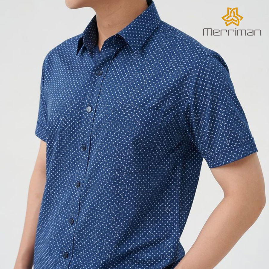 MERRIMAN SALE - Áo Sơ Mi MERRIMAN Tay Ngắn, Màu Xanh Navy , Họa Tiết Chấm, Form Slim Fit Lai Ngang
