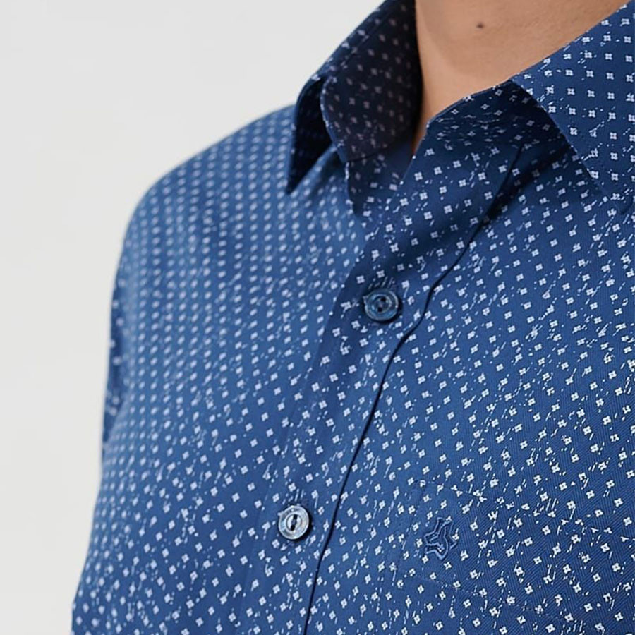MERRIMAN SALE - Áo Sơ Mi MERRIMAN Tay Ngắn, Màu Xanh Navy , Họa Tiết Chấm, Form Slim Fit Lai Ngang