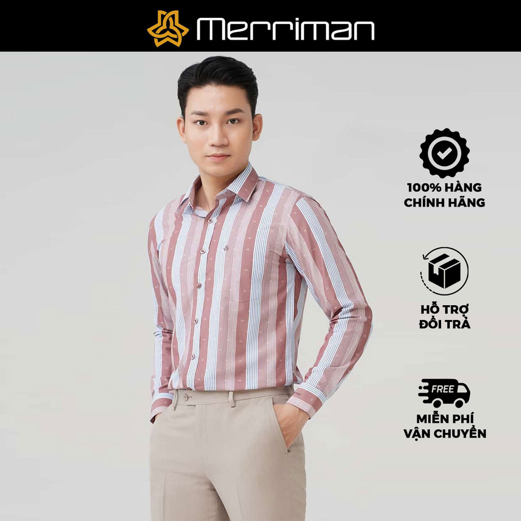MERRIMAN SALE - Áo Sơ Mi MERRIMAN Tay Dài, Màu Clay , Họa Tiết Sọc Dọc, Form Slim Fit Lai Ngang