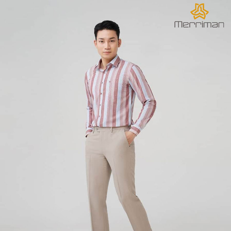 MERRIMAN SALE - Áo Sơ Mi MERRIMAN Tay Dài, Màu Clay , Họa Tiết Sọc Dọc, Form Slim Fit Lai Ngang
