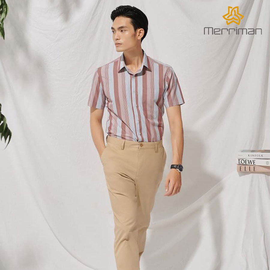 MERRIMAN SALE - Áo Sơ Mi MERRIMAN Tay Ngắn, Màu Clay , Họa Tiết Caro, Form Slim Fit Lai Ngang