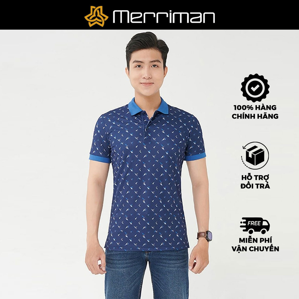 MERRIMAN SALE - Áo Polo Merriman Tay Ngắn, Màu Xanh Dương , Họa Tiết Hoa Văn, Form Basic
