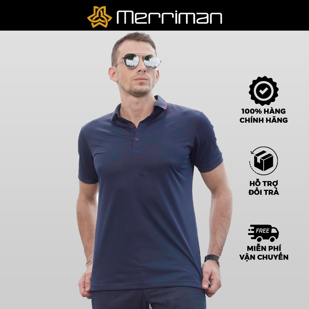 MERRIMAN SALE - Áo Polo Merriman Tay Ngắn, Màu Xanh Navy , Họa Tiết Hoa Văn, Sợi Caffe Kháng Khuẩn