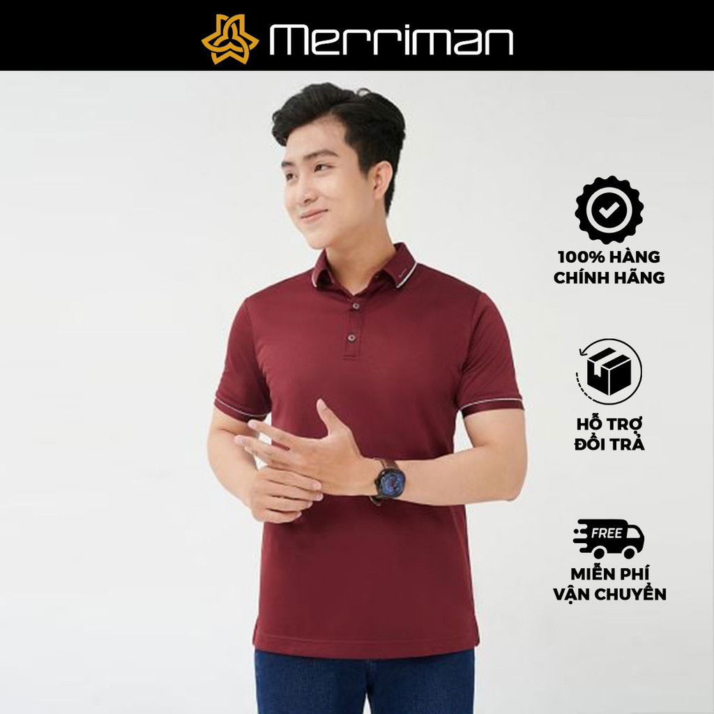 MERRIMAN SALE - Áo Polo Merriman Tay Ngắn, Màu Đỏ Đô , Họa Tiết Trơn, Sợi Caffe Kháng Khuẩn
