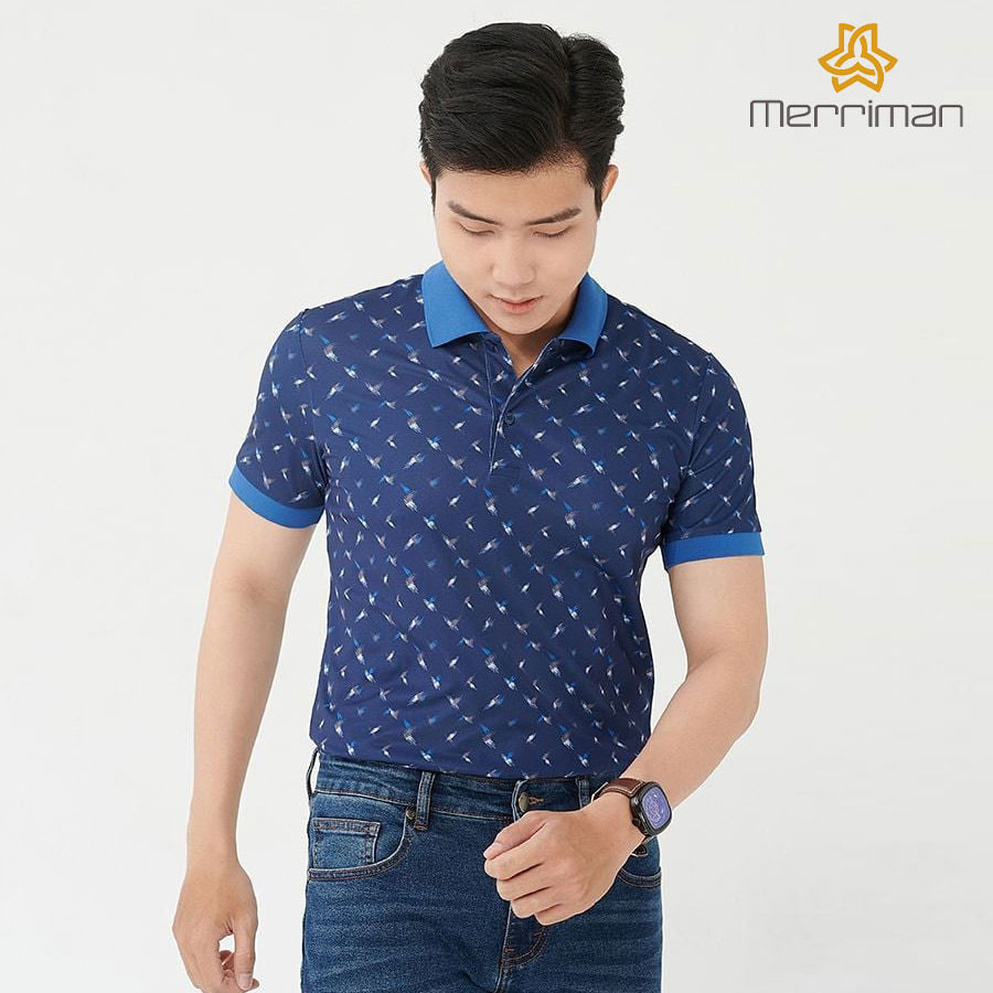 MERRIMAN SALE - Áo Polo Merriman Tay Ngắn, Màu Xanh Dương , Họa Tiết Hoa Văn, Form Basic