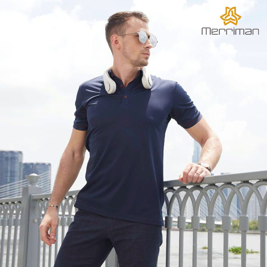 MERRIMAN SALE - Áo Polo Merriman Tay Ngắn, Màu Xanh Navy , Họa Tiết Hoa Văn, Sợi Caffe Kháng Khuẩn