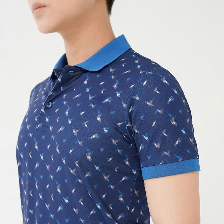 MERRIMAN SALE - Áo Polo Merriman Tay Ngắn, Màu Xanh Dương , Họa Tiết Hoa Văn, Form Basic