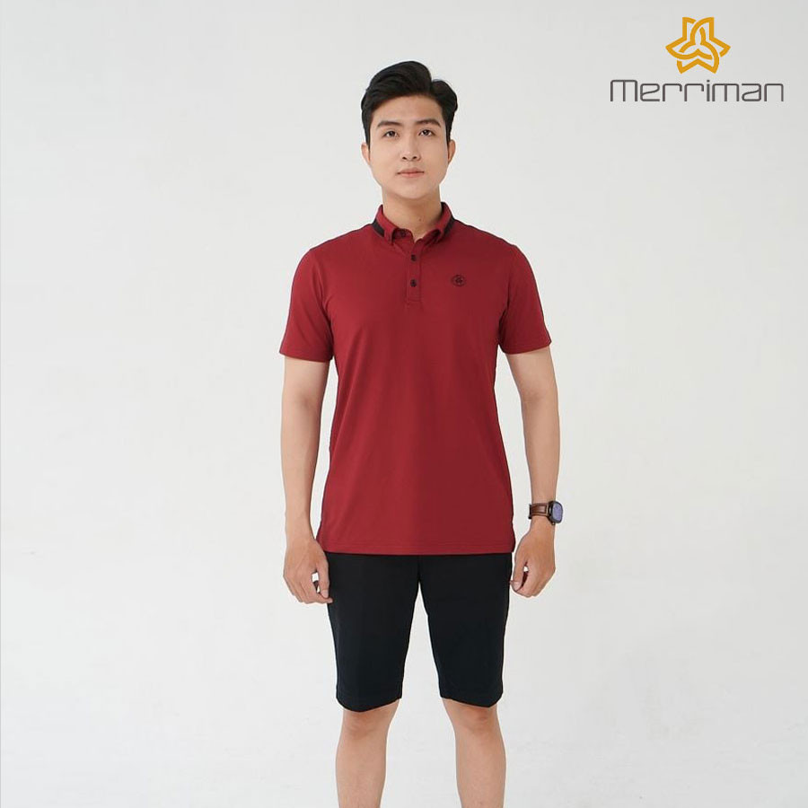 MERRIMAN SALE - Áo Polo Merriman Tay Ngắn, Màu Đỏ Đô , Họa Tiết Trơn, Sợi Caffe Kháng Khuẩn