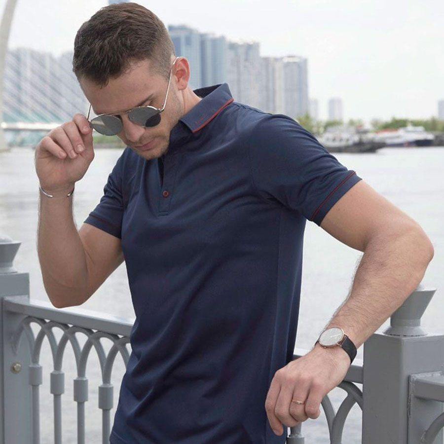 MERRIMAN SALE - Áo Polo Merriman Tay Ngắn, Màu Xanh Navy , Họa Tiết Hoa Văn, Sợi Caffe Kháng Khuẩn