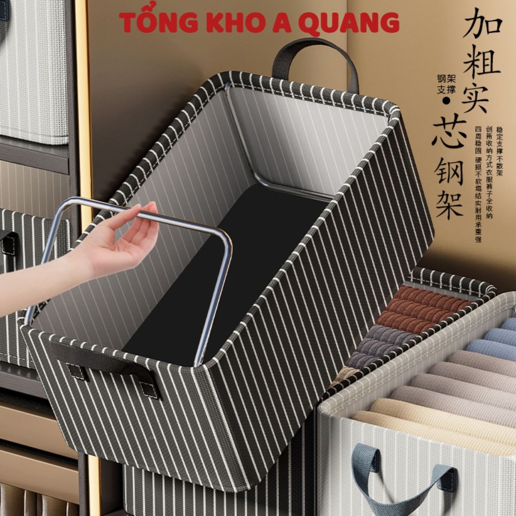 Hộp Vải Khung Sắt KÈM LÓT ĐÁY Đựng Sắp Xếp Chăn Màn 386, Hộp Đựng Quần Áo Gọn Gàng Có Thể Xếp Chồng 48x28x20Cm