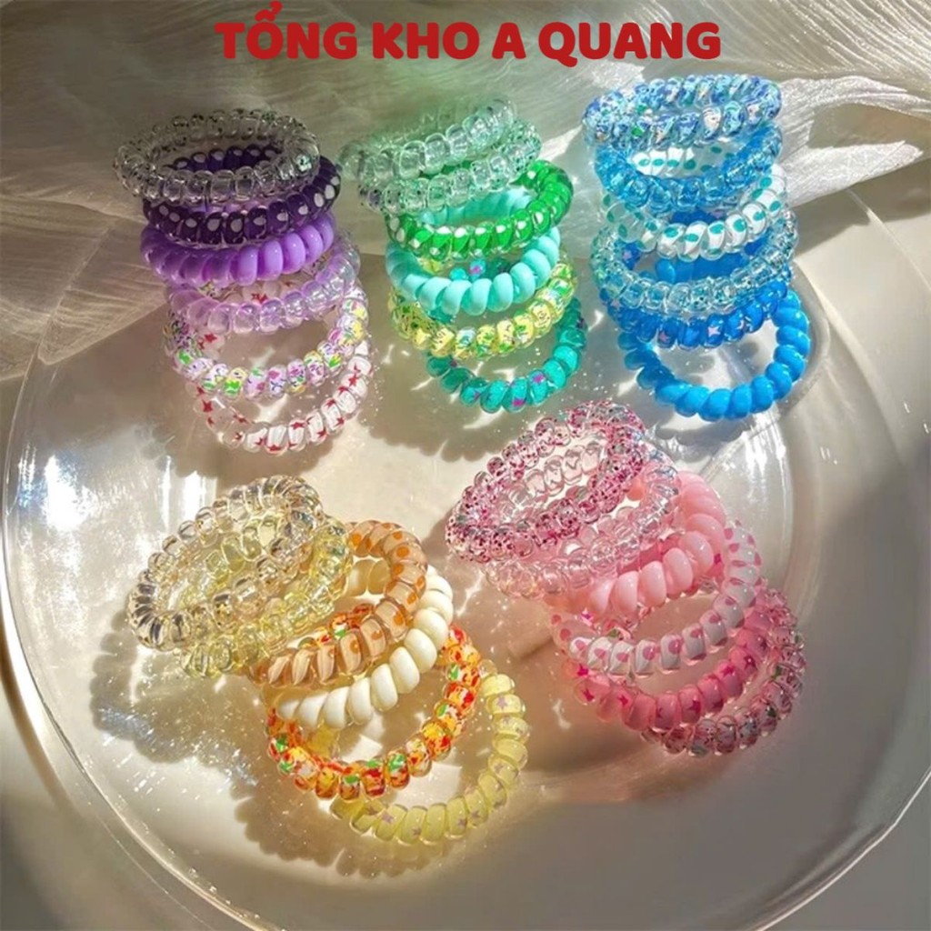 SET 6 DÂY BUỘC TÓC, Dây Chun Thun Buộc Tóc Vòng Đeo Tay Dạng Lò Xo Màu Thạch Pastel Mix Họa Tiết Vintage-CHUN87