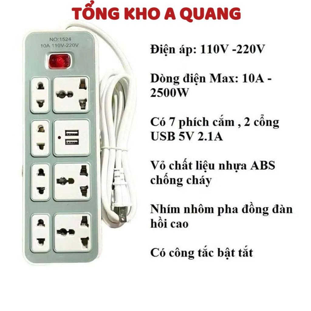 Ổ Cắm Điện Đa Năng 7 Lỗ Kèm 2 Cổng Sạc USB, Ổ ĐIỆNCÓ 2 USB - MÃ: ODIEN083