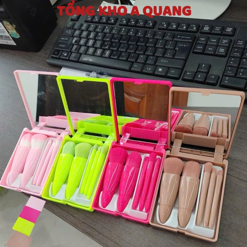 Bộ Cọ Trang Điểm Make Up Cá Nhân 5 Món Kèm Hộp Đựng, HỌP CỌ 5 MÓN KÈM GƯƠNG- MÃ: COTRANGDIEM8