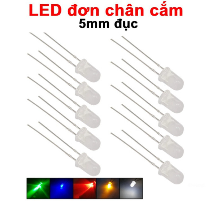 (20 Con) LED đơn chân cắm 5mm đục (trắng/xanh lá/đỏ/xanh dương/vàng ...