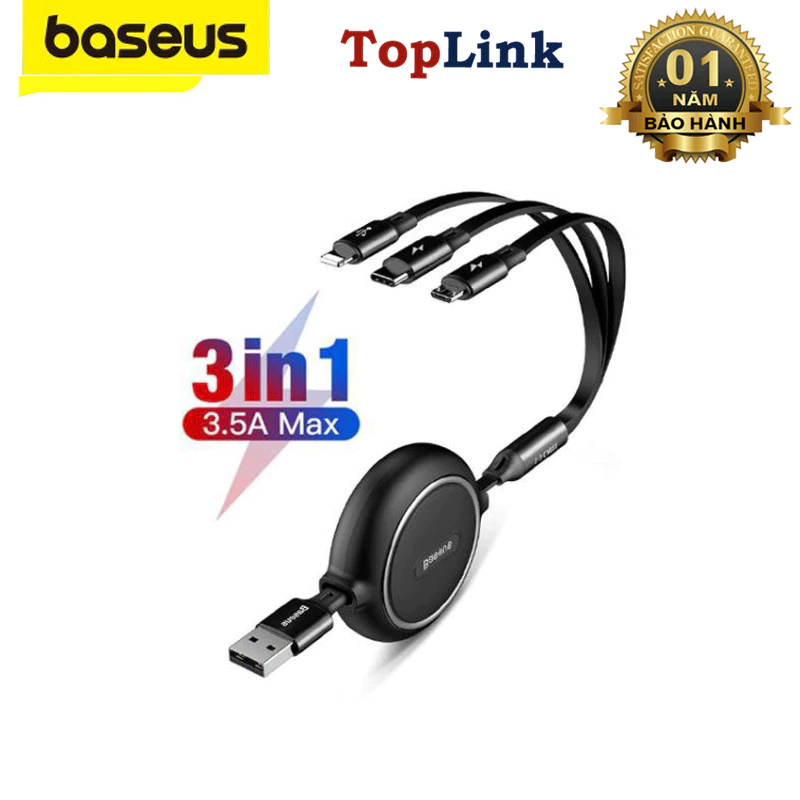Dây Cáp Sạc Điện Thoại 3 đầu 3in1 Baseus Loại Dây Rút Sạc Điện Thoại Sạc 3.5a 66w 100w