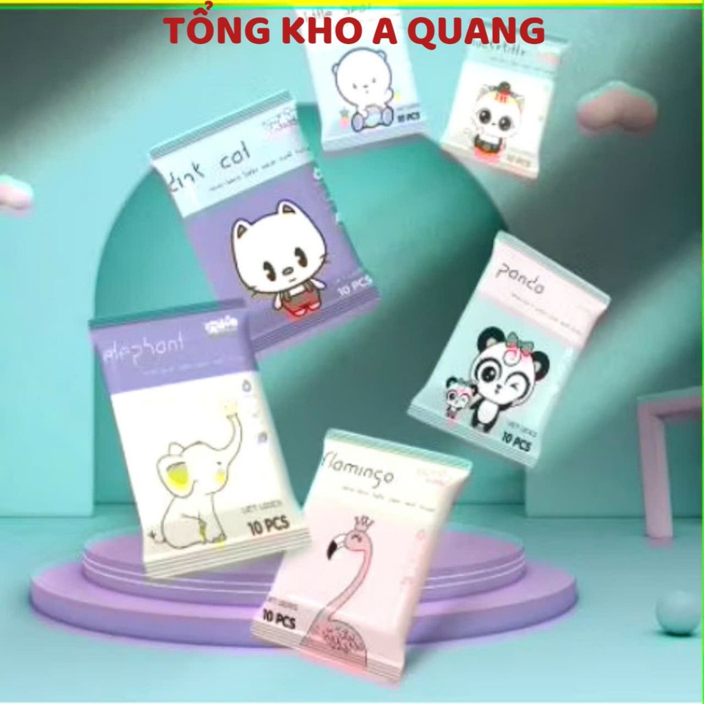 [COMBO 10] KHĂN ƯỚT MINI BỎ TÚI ,,Gói khăn giấy ướt hoạt hình 10 tờ không mùi, kháng khuẩn - dùng cho mọi lứa tuổi
