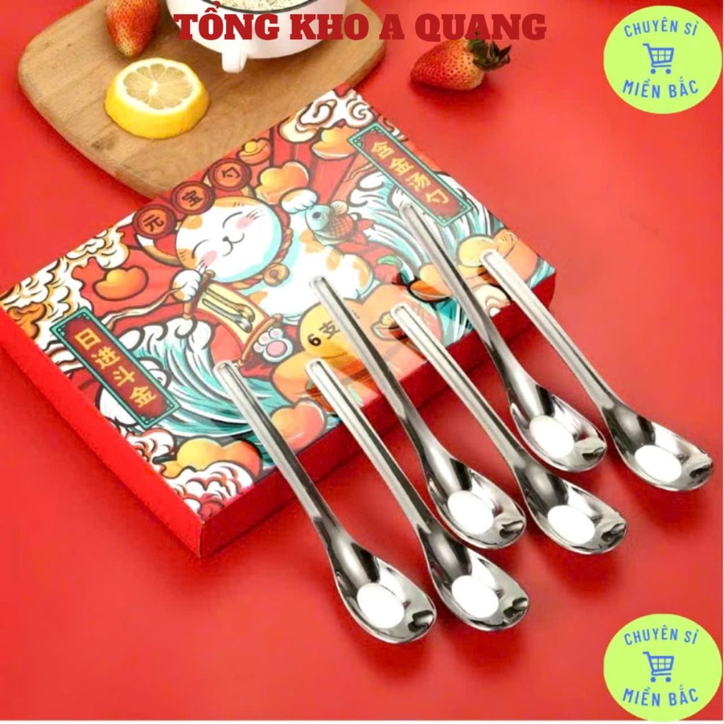 SET THÌA MÈO THẦN TÀI, Muỗng Thìa Cán Dài Thìa Ăn Cơm Thìa Ăn Soup Bộ 6 Chiếc Kèm Hộp Giấy Thép Không Gỉ - MA:962THIA