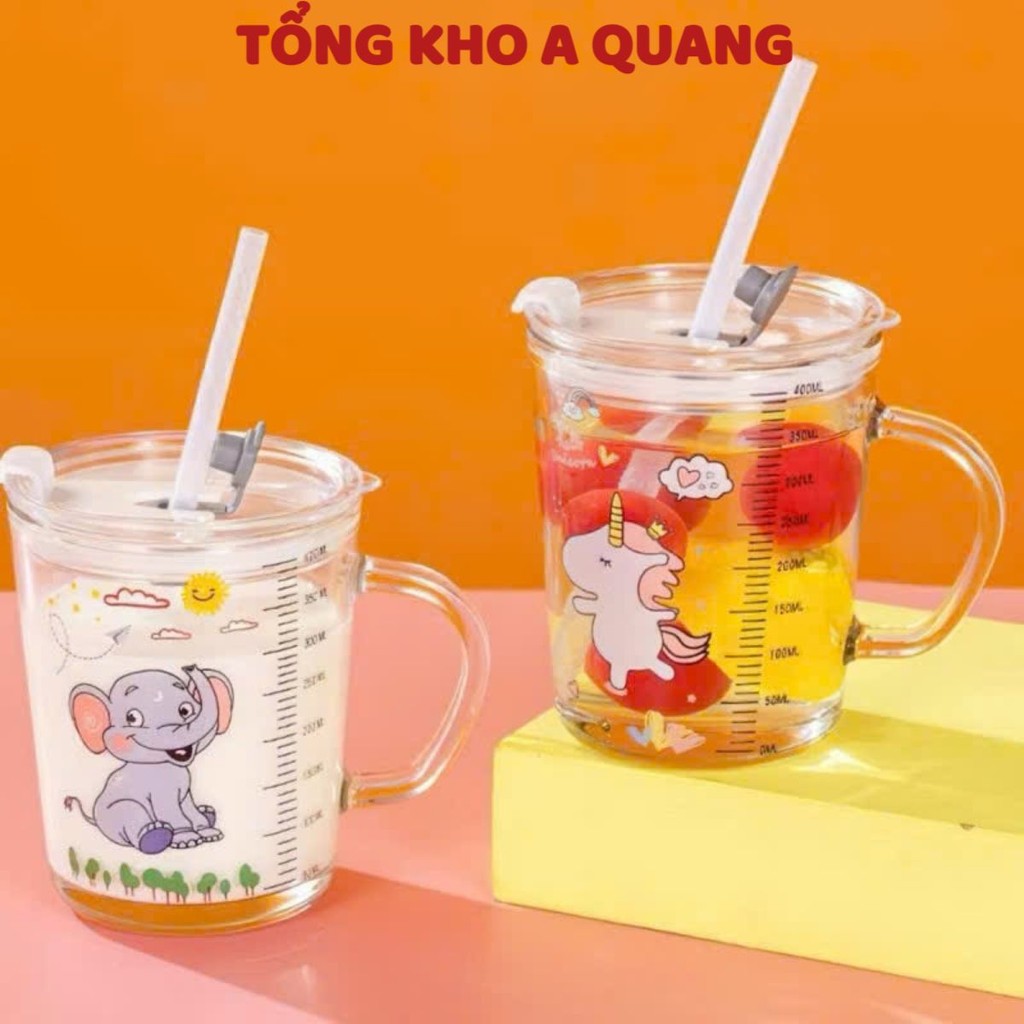 Cốc pha sữa thuỷ tinh chia vạch có nắp và ống hút, CỐC CHIA VẠCH - MÃ: COC0024