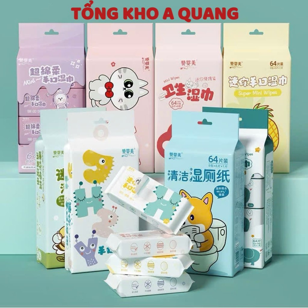 Bịch 8 Gói Khăn Giấy Ướt Mini Dễ Thương Bỏ Túi Đi Ra Ngoài, Đi Du Lịch, Đi Đhơi Tiện Lợi, KHĂN ƯỚT MINI - MÃ: KHAN374