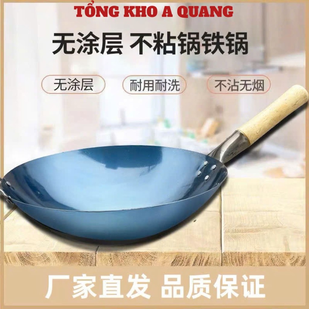Chảo Thép Cán Gỗ Sồi dùng làm cơm chiên, mì xào tay cầm cán dài chống nóng tiện lợi, CHẢO XÀO 32CM - MÃ: CHAO6234