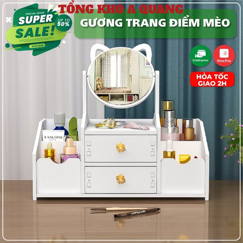 Kệ Mỹ Phẩm Bàn Trang Điểm Mini Có 2 Ngăn Kéo Tiện Lợi Kèm Gương Tai Mèo 4 Ngăn Sườn Dễ Thương, TÁP ĐẦU GIƯỜNG TRANG ĐIỂM