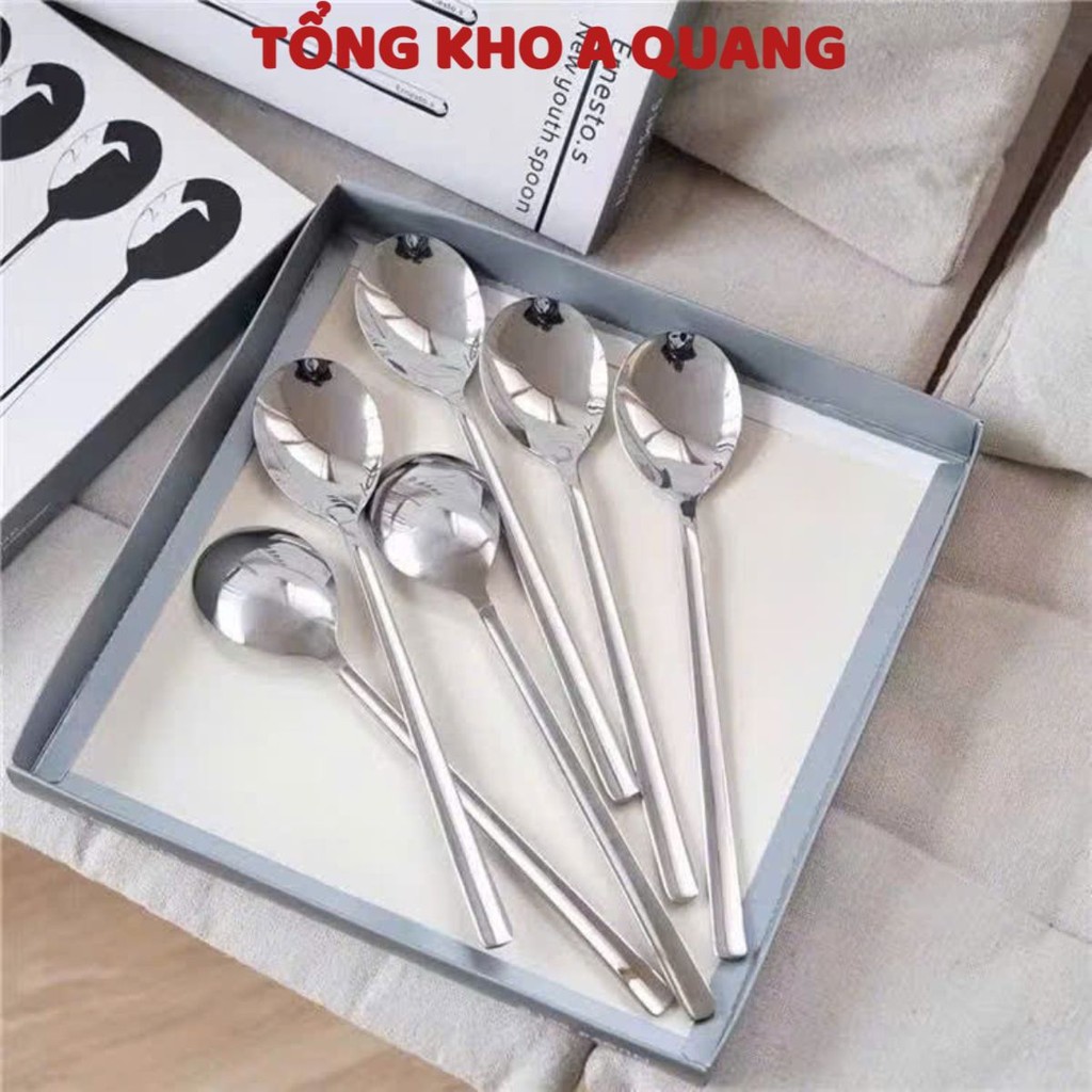 Bộ 6 Muỗng Inox Cán Dài Vô CÙng Tiện Lợi, HỘP 6 THÌA INOX 304 XỊN, THÌA ĂN CƠM , MUỖM ĂN PHỞ CAO CẤP - MÃ: THIAANCOM1