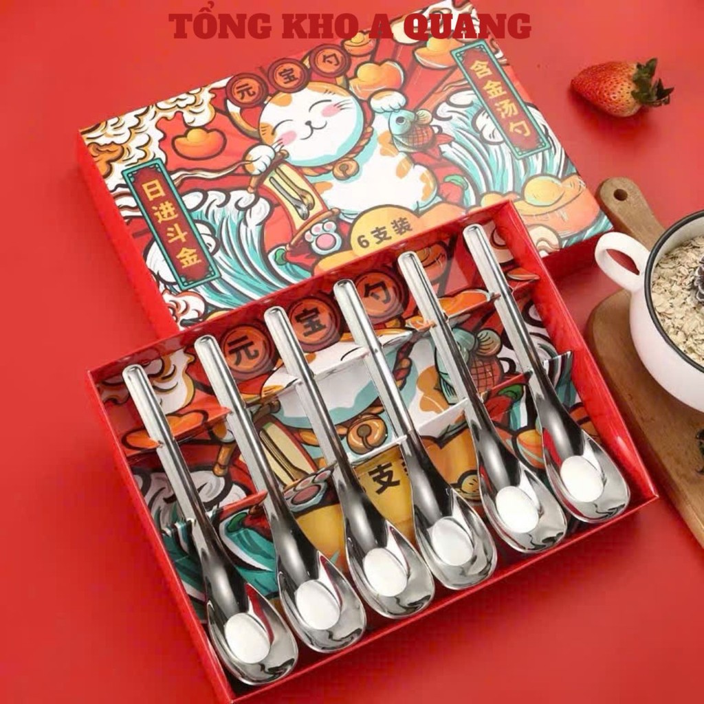 Combo 6 Thìa Inox Vàng Hộp Mèo Thần Tài Cao Cấp Cán Dài, SET THÌA MÈO THẦN TÀI - MÃ: THIA4287