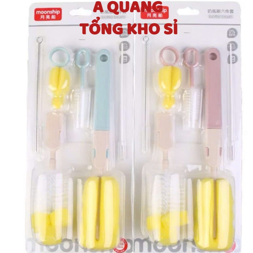 Bộ cọ rửa bình sữa cho bé 6 Chi tiết cao cấp Tay cầm xoay 360 độ, BỘ CỌ RỬA BÌNH CỐC CHÉN ĐA NĂNG - MÃ: CORUABINH834