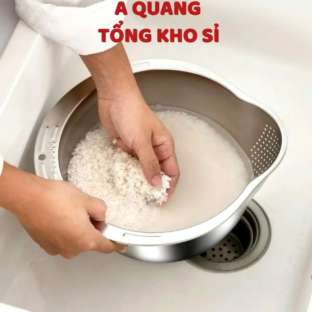 GIỔ VO GẠO, Rổ Rửa Rau Vo Gạo Thông Minh 2 Trong 1 - Rổ Vo Gạo Inox 304 Không Gỉ - MA:GIOVOGAO