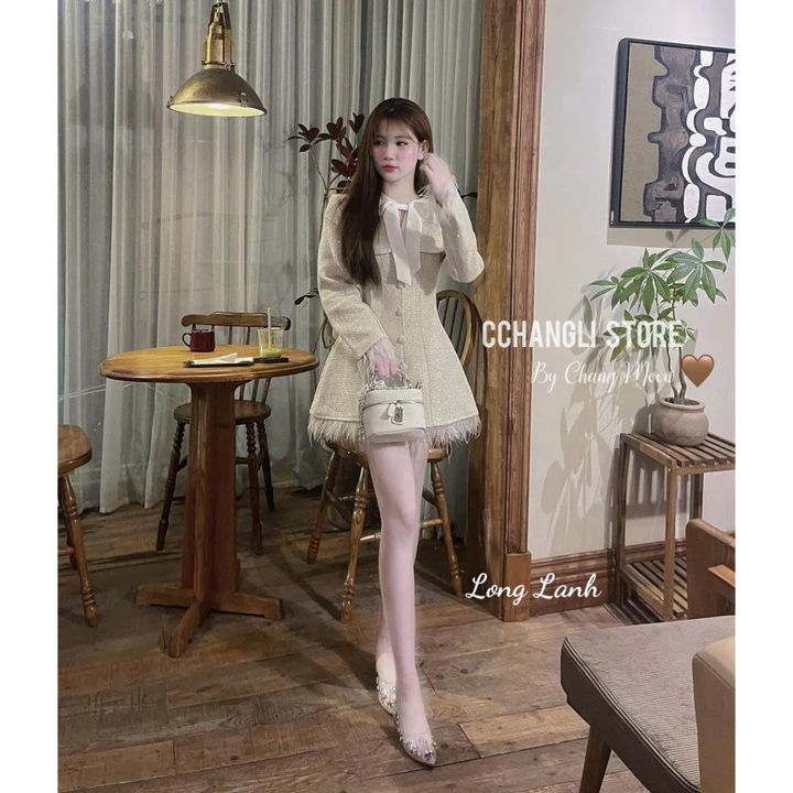 Váy dạ nữ váy dạ blinh váy nữ dự tiệc cưới tay lông cổ nơ sang chảnh HN CLOSETT