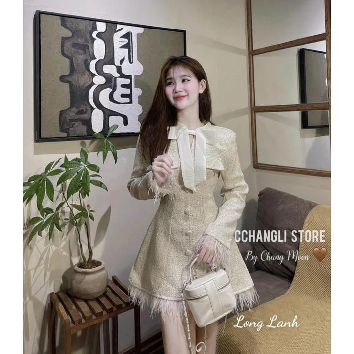 Váy dạ nữ váy dạ blinh váy nữ dự tiệc cưới tay lông cổ nơ sang chảnh HN CLOSETT