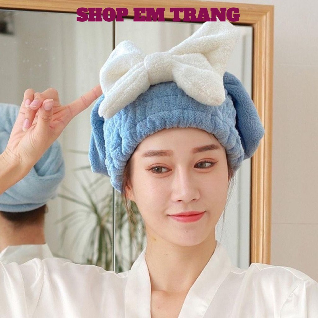 Khăn ủ tóc - Khăn quấn tóc gội đầu cao cấp, vải cotton mềm mại mũ ủ tóc gội đầu hình nơ dễ thương cho nữ
