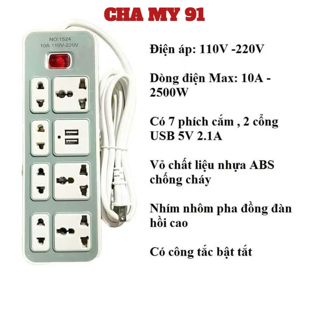 Ổ Cắm Điện Đa Năng 7 Lỗ Kèm 2 Cổng Sạc USB, Ổ ĐIỆNCÓ 2 USB - MÃ: ODIEN083