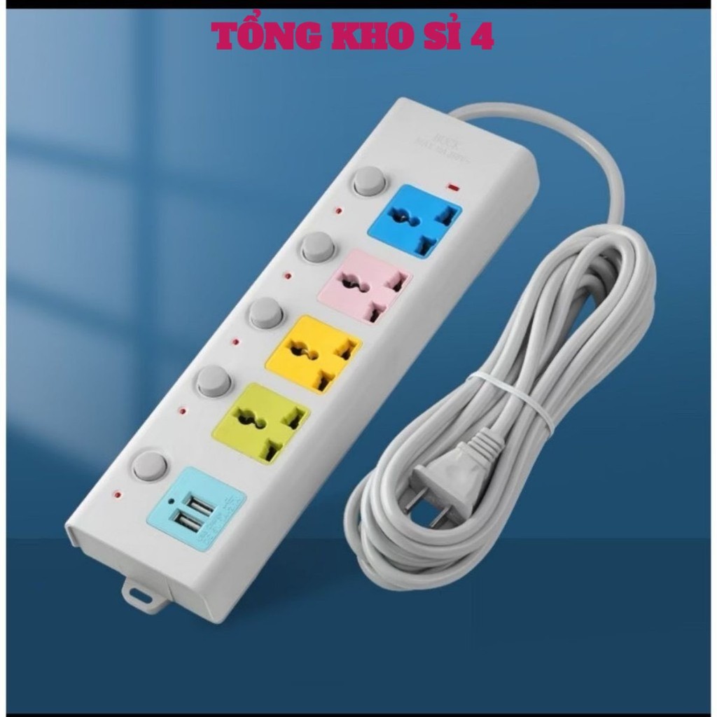 Ổ Cắm Điện USB Đa Năng Cao Cấp Chống Giật Dây Dài 4m 2 Cổng Cắm USB Có Chốt An Toàn Tiện Dụng, Ổ Cắm Điện Chịu Tải 2500W