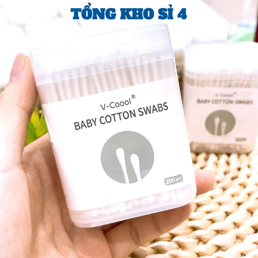 TĂM BÔNG VCOOL CHO BÉ , Bông ngoáy tai cho bé Vcool 2 đầu kháng khuẩn, tăm bông sơ sinh tiện lợi hộp 200 que - TAMBONG59