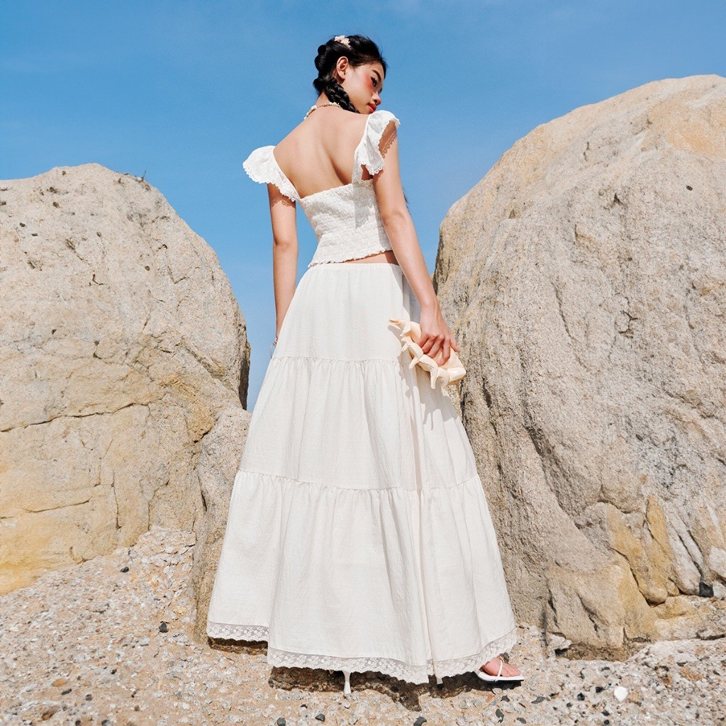 Ảnh DOTTIE - Chân váy maxi phối ren - Trắng - S0208 3