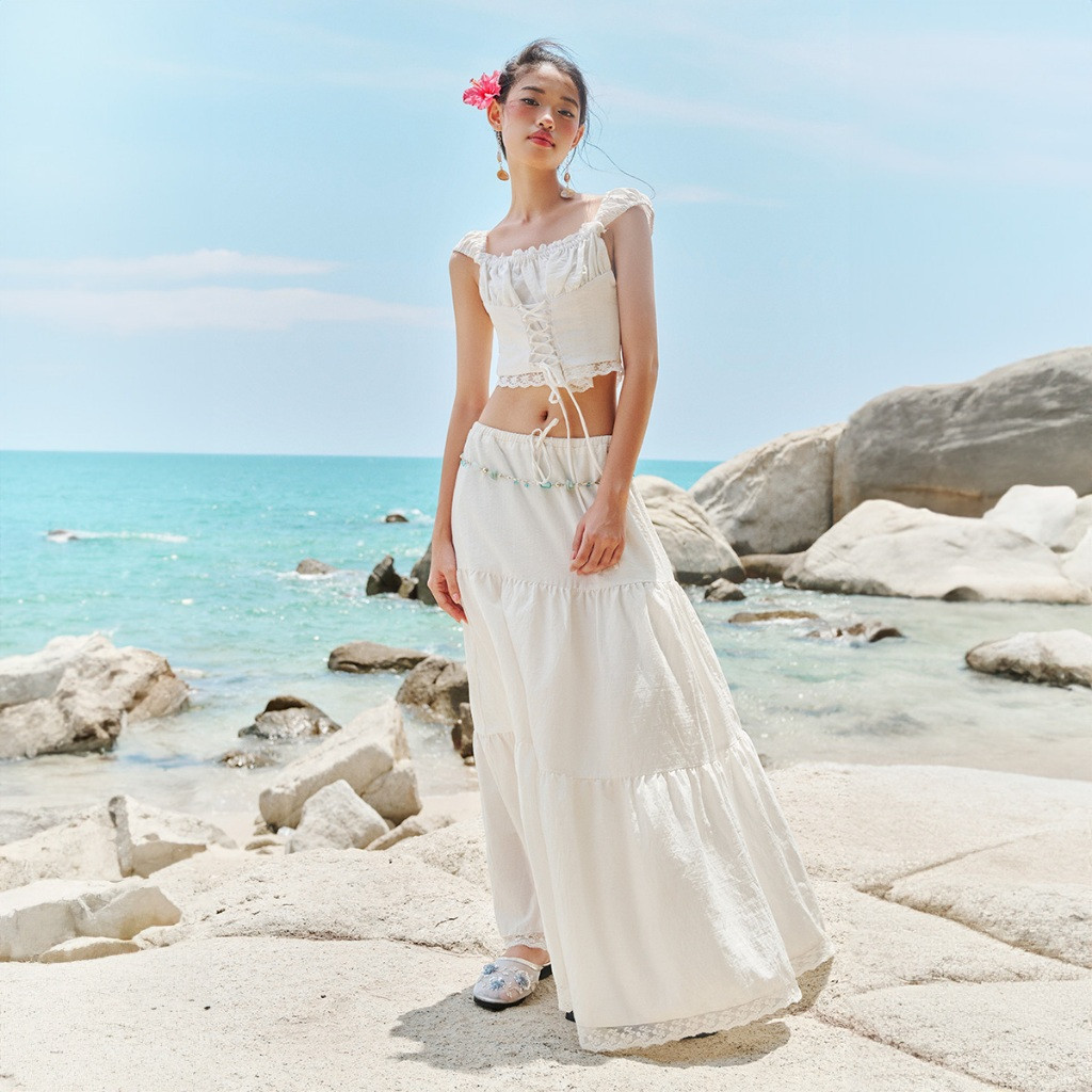 Ảnh DOTTIE - Chân váy maxi phối ren - Trắng - S0208 2