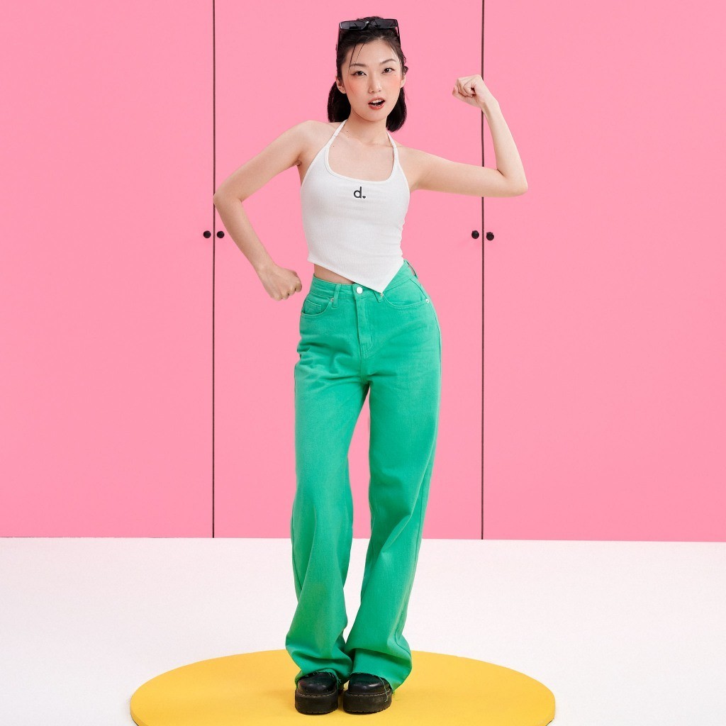 Ảnh DOTTIE - Quần jeans dài ống rộng nữ - Xanh lá - Q0282 1