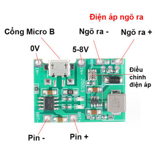 Mạch sạc pin 1S 18650 J5019 dùng IC TC4056 tích hợp mạch tăng áp 2A từ 5V lên 18V