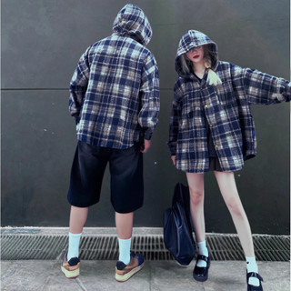 Áo khoác chống nắng nam nữ Flannel Form rộng chất vải dạ cotton kẻ caro dày dặn- DOKYJI