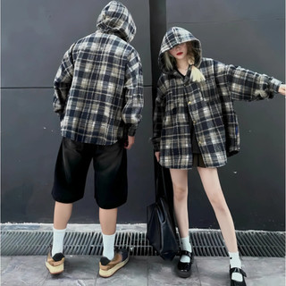 Áo khoác chống nắng nam nữ Flannel Form rộng chất vải dạ cotton kẻ caro dày dặn- DOKYJI