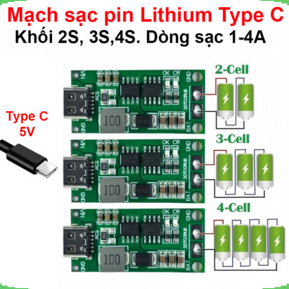 Mạch sạc cổng type C tăng áp dùng cho pin Lithium 3.7V 2S/3S/4S dòng sạc 1 - 4A