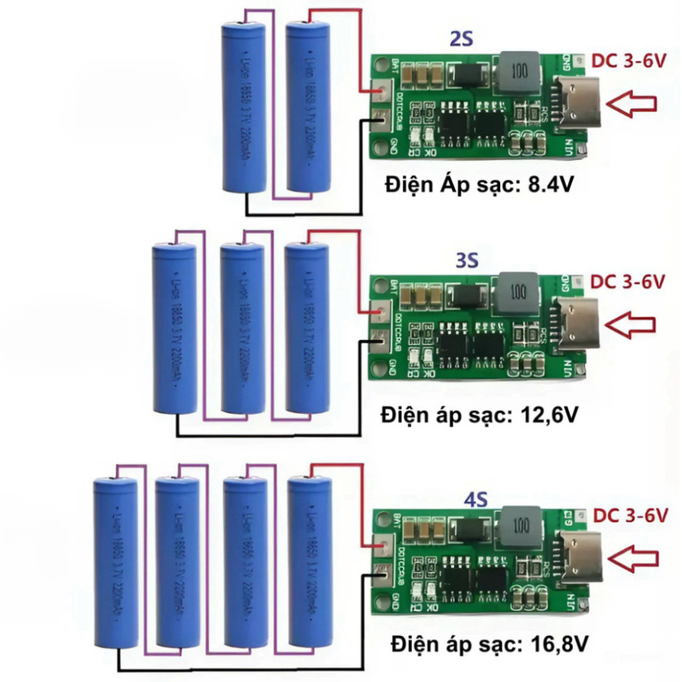 Mạch sạc cổng type C tăng áp dùng cho pin Lithium 3.7V 2S/3S/4S dòng sạc 1 - 4A