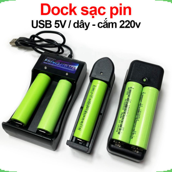 Dock sạc, bộ sạc pin 3.7V 18650, 14500, 16340 dùng cổng USB hoặc nguồn 220V