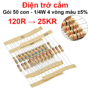 Điện trở cắm 1/4W 4 vòng màu ±5% - giá trị 120R đến 25KR